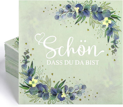100 Stück Servietten Schön Dass Du Da Bist, 33 X 33Cm Servietten Salbeigrün Euka
