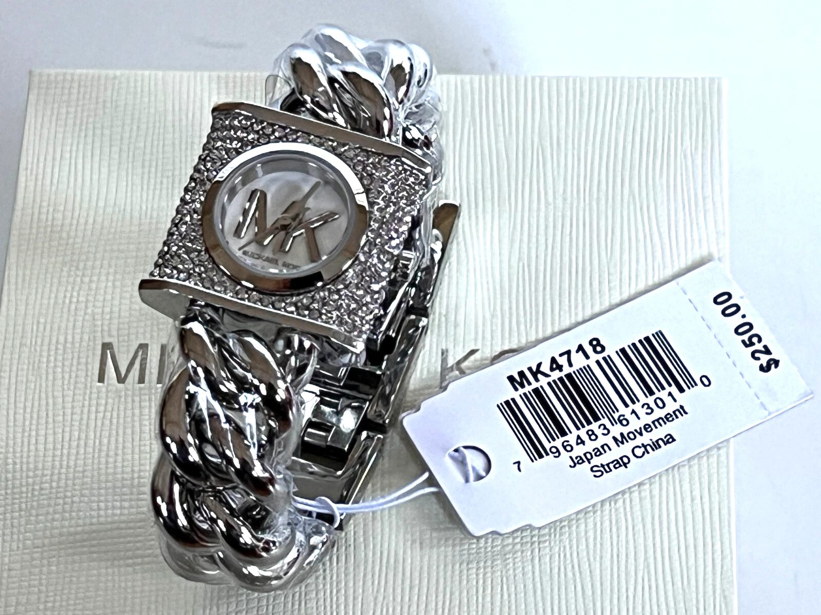 Orologio MICHAEL KORS MK4718 donna pavè cristallo blocco cordino catena nuovo con etichette confezione regalo $250