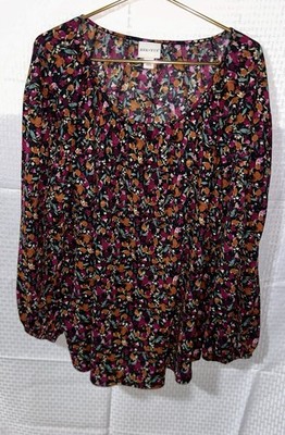 Ava & Viv floral blouse top womens Plus 2X pink black Gauzy Bishop Sleeves boho