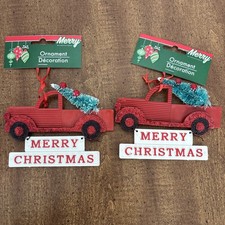 LOT of 2 Red TRuck Christmas Ornaments with Tree Merry Christmas 4" NEW