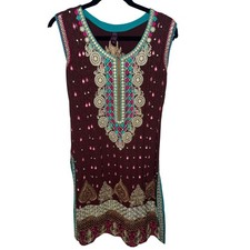 MH Burgundy Embroidered Sleeveless Kurti Tunic Teal Trim Medium