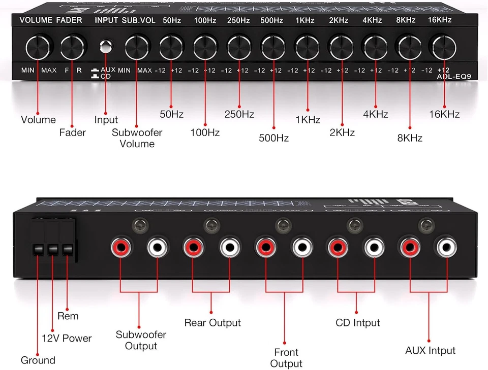 9 Band Car Audio Equalizer, Car Graphic Equalizer EQ W/Front Rear +Sub Output 8V - Image 3 of 4
