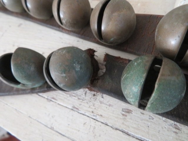 FABULOUS Old Antique Brass Horse SLEIGH BELLS on Leather Strap 49 Bells 2 Pieces