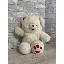 Vintage White Plush Teddy Bear with Red Heart Nose  Paw Prints 14" Love Valenti
