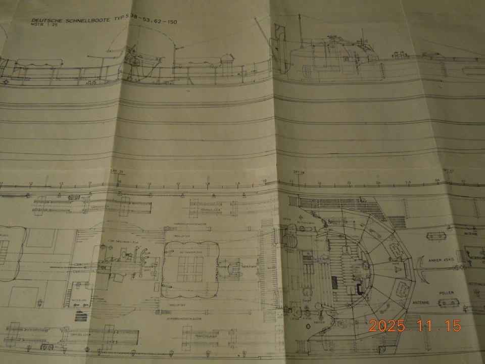 Bauplan Schnellboot Typ S 38 incl. Spanten + Linienriss / M 1:25 /gebraucht/#-02 - Bild 2 von 4
