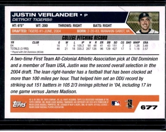 Tarjeta de novato Topps Justin Verlander 2005 Foto 2 de 2
