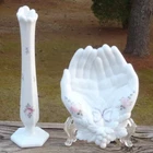 Vintage Westmoreland Roses & Bows Milk Glass BUD VASE & Victoria Hands MINT DISH