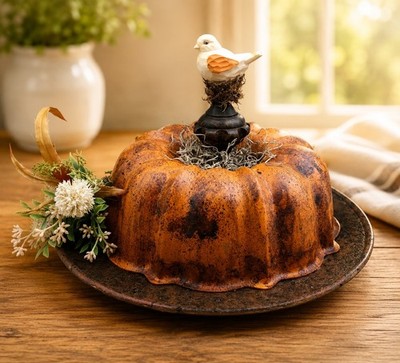 Handmade Primitive Bundt Pan Decor w Vintage Bird / Rustic Orange Floral Decor