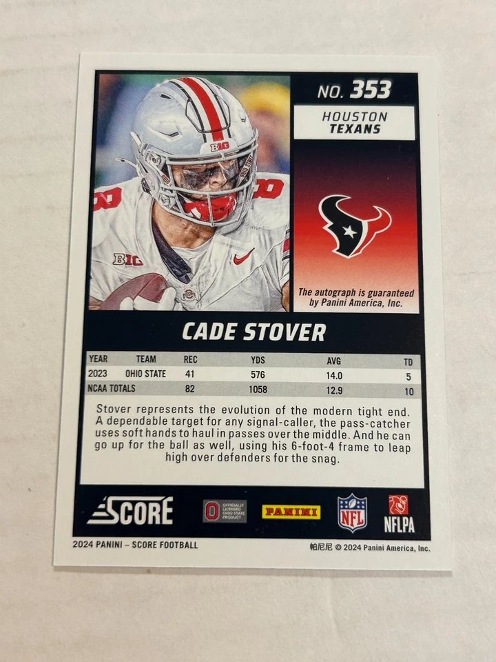 2024 PANINI SCORE CADE STOVER 5/20 RED ZONE FOIL ROOKIE AUTO TEXANS SSP KS1 - Image 2 of 2