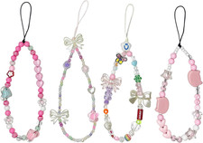 4 Pcs Phone Charms Cute Beaded Phone Pink Lanyard Wrist Strap Aesthetic Y2K Cell