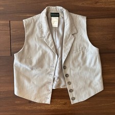 Vintage 90s Pinstripe Wool Waistcoat Vest Herringbone Tan Cream Tailored Size 14