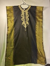 African Moroccan Dashiki Kaftan Black Gold Dress Tunic One Size OMUN Tanjak Hat