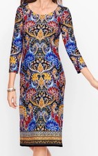 Talbots Damask Paisley Stretch Sheath Dress Blue Maroon Gold XL