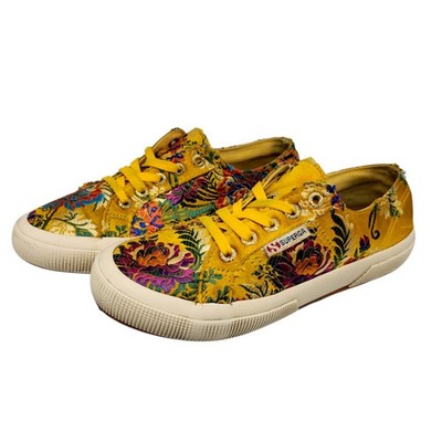 Superga Shoes Womens 7 Yellow Floral Embroidered Boho Bohemian Hipster Grunge