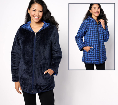 #ad #ad NEW Susan Graver M Reversible Quilted Woven amp; Plush Fleece Jacket Blue QVC 3307 $43.20
