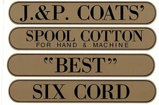 J & P COATS SPOOL CABINET LABEL 4 PIECE SET / Black on Gold  9 1/2 X 1 11/16