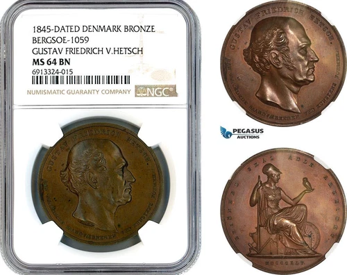 AK456, Denmark, 1845 Br Medal, Gustav Friedrich Hetsch, Owl, Minerva, NGC MS64BN