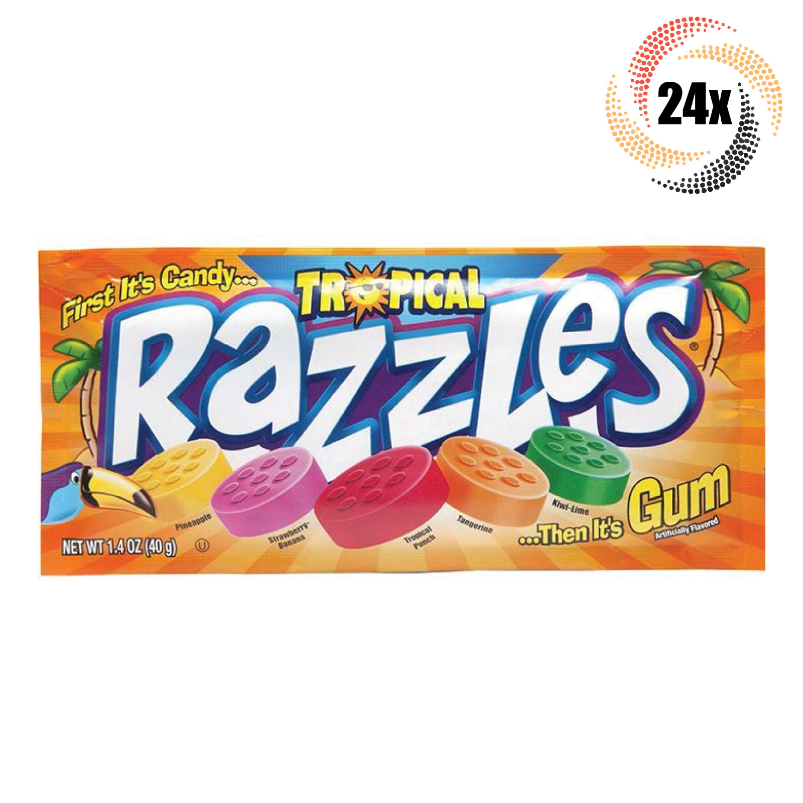 Полная коробка из 24 упаковок жевательной резинки с тропическим вкусом Razzles 1,4 унции (Быстрая доставка!)