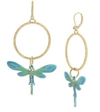 NEW BETSEY JOHNSON GOLD TONE HOOP WITH BLUE DRAGON FLY,CRYSTALS, EARRINGS