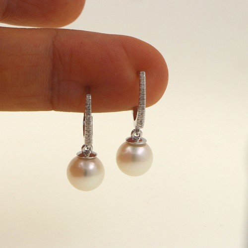Women's Silver Fresh Water Pearl Dangle Earring In Genuine Diamonds Gold Plated - Picture 4 of 7