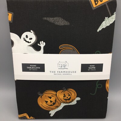 Rachel Ashwell Halloween Black Tablecloth 60'' R Haunted House Pumpkin Ghost Cat