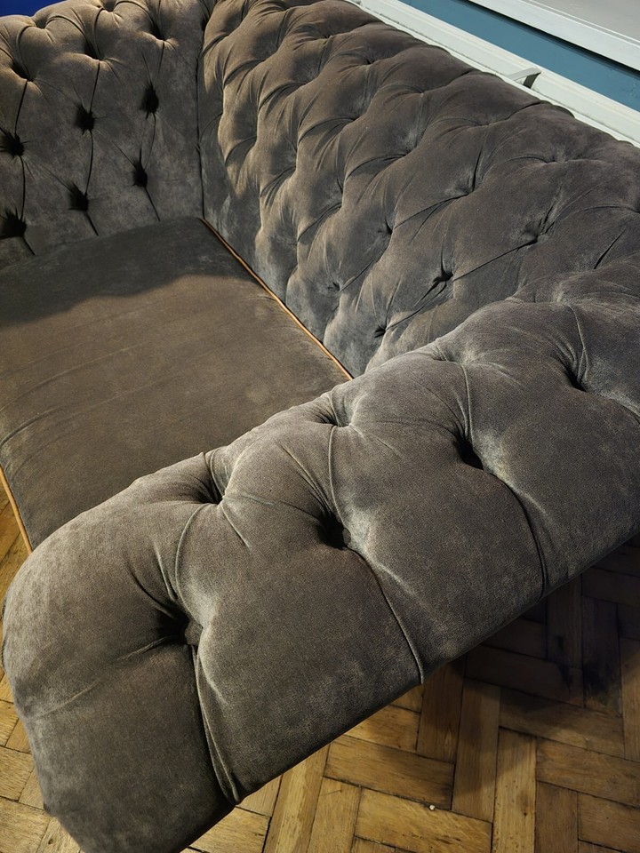 Oswald And Pablo Slate Grey Velvet Tan Leather 1.5 Seater Chesterfield