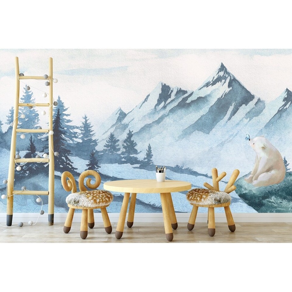 Winter Landscape Cartoon Bear Removable Wallpaper Blue H75" x W112