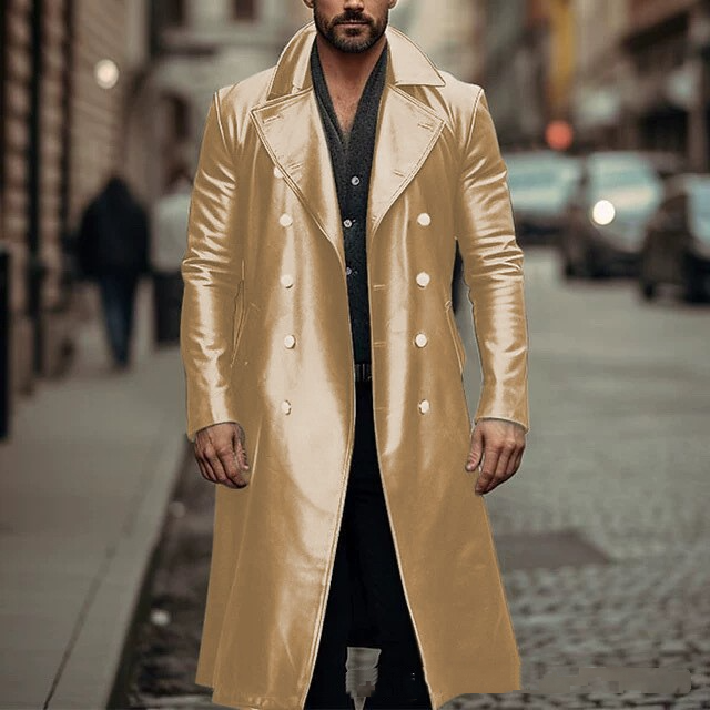 SUAVELE 【RX-0028】RELUX DOUBLE OVER COAT ZWRXW Leather Trench Coats for Men Double Breasted Notched Lapel