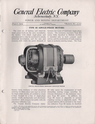 1914 GENERAL ELECTRIC POWER & MINING DEPT SINGLE-PHASE MOTORS BULLETIN # 41507 