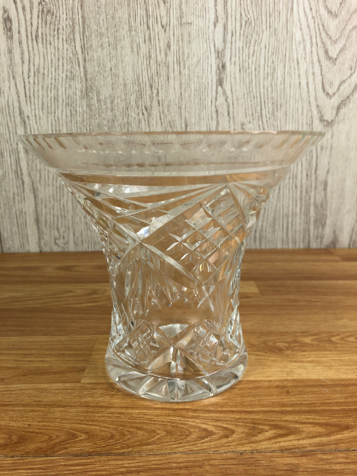 Crystal Cut Glass Vase With Large Flared Opening & Linear Cut Pattern 6