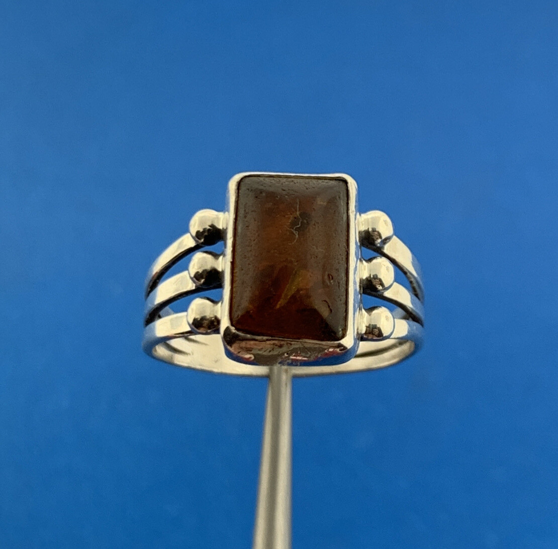 925 Sterling Silver Amber Rectangle Cabochon Cock… - image 3
