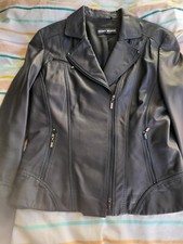 Gerry Weber Designer Dark Navy Real Leather Biker Jacket Uk 12/eu38 Bn