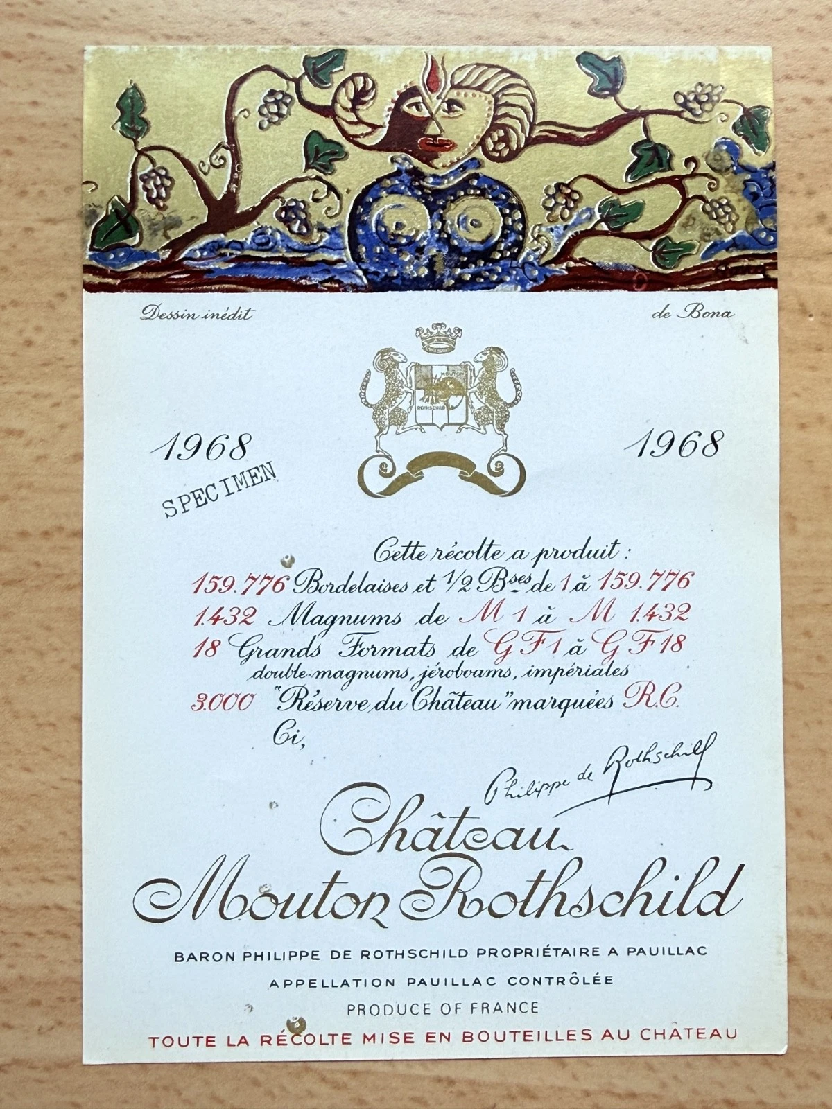 Étiquette De Vin Château Mouton Rotschild Spécimen 1968