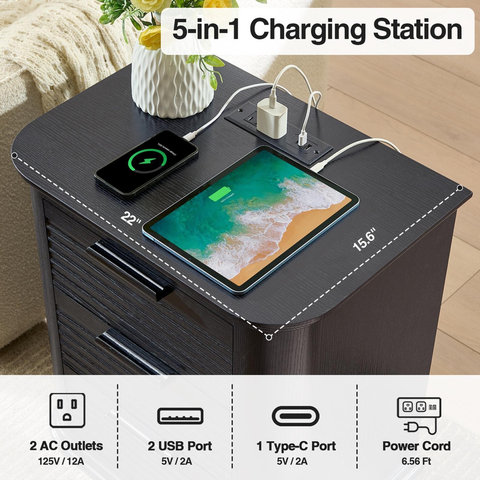 22" Wide Fluted Nightstand with Charging Station, Modern End Table for