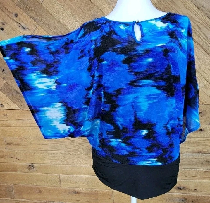 Jennifer Lopez Womens Top Blouse Key Hole 3/4 Dolman Sleeve Blue Size Medium - Image 3 of 4
