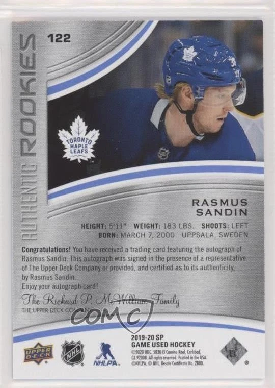 2019 Upper Deck SP Game Used Authentic Rookies Blue Rasmus Sandin Rookie Auto RC - Image 2 of 2