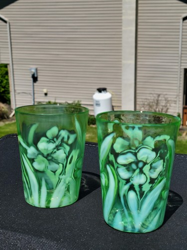 Antique Scarce Pair Victorian Northwood Green Daffodil Opalescent Glass Tumblers