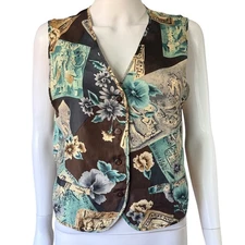Jeri Marque Silk Vest Egyptian Revival Women’s S Multicolor Floral Print 90s
