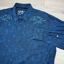 Rock 47 by Wrangler Western Pearl Snap Shirt Embroidered Blue Flip Cuff Size 2XL