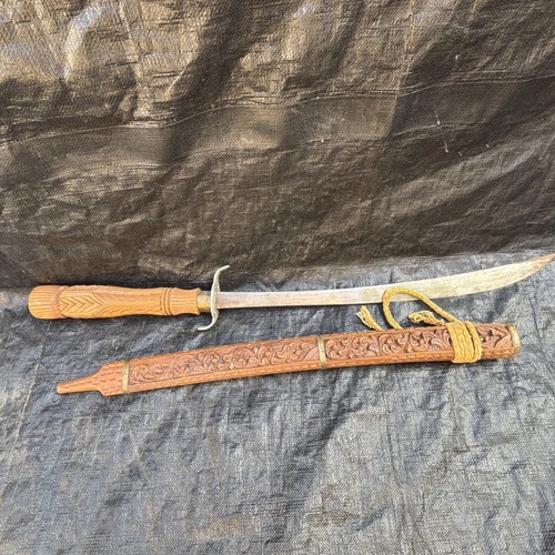 Vintage Thai Dha Sword Hand Carved Wood Scabbard Machete Burmese SIGNED