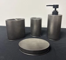 4pc Pewter Resin Bathroom Accessories Set - Brushed Metal Finish - New!
