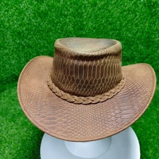 Brown Snake Pattern Real Leather Outback Hat – Wide Brim & Braided Band Cowboy