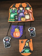 Handmade Quilted Halloween Fabric Wall Hanging Witches Vintage Cottage Core