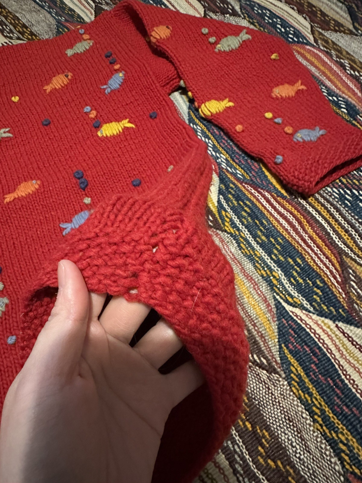 Vintage Pachamama Hand Knitted Wool Red & Multi Nautical Fish Pockets Cardigan image 7