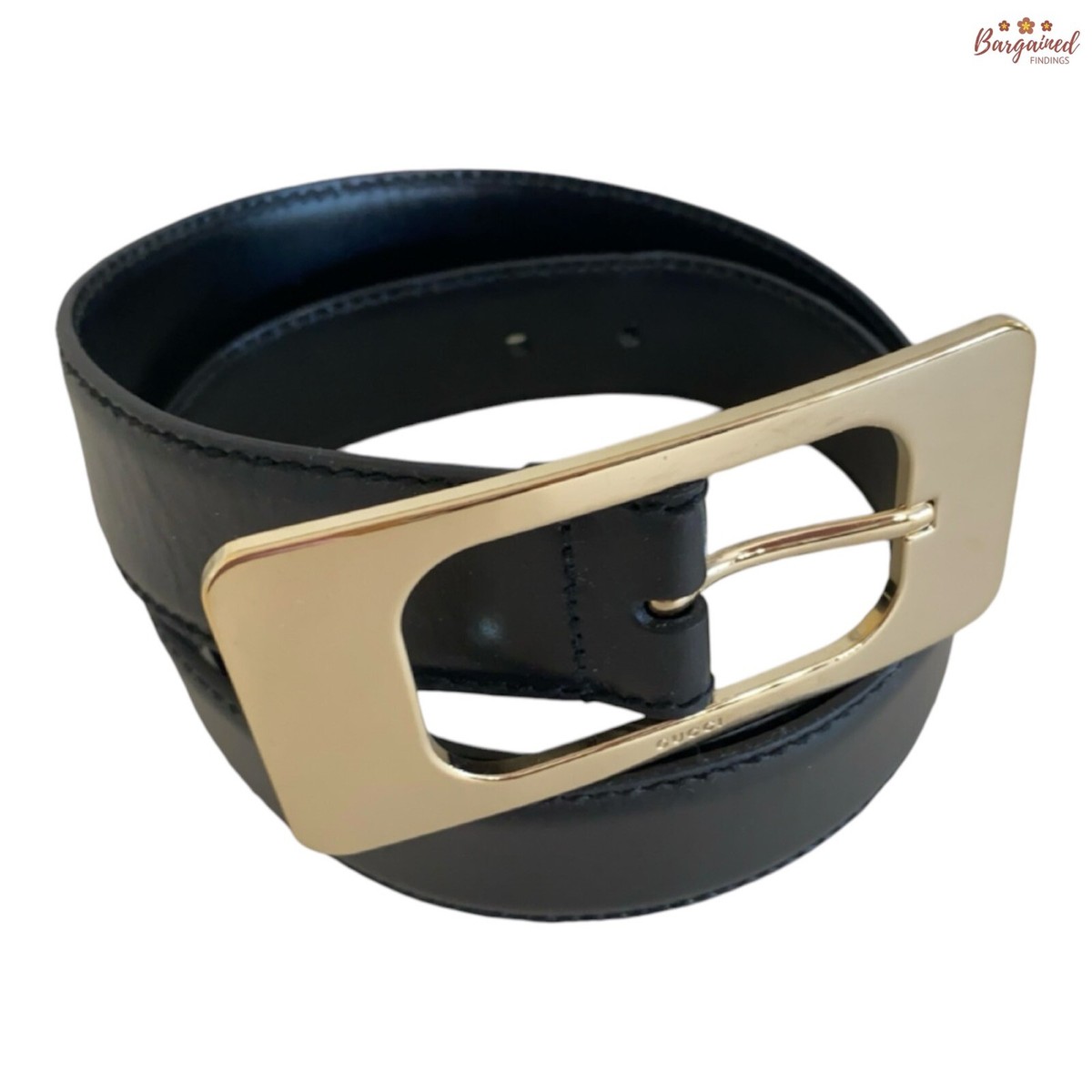 サイズ確認 Authentic Gucci Black Calfskin Leather Gold Large Square Buckle