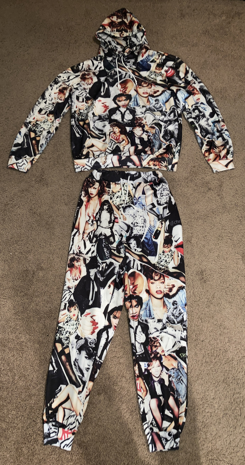 Rihanna Photo Collage Silk Jogging Outfit Small Sweatshirt Sweats Stretchy Rare