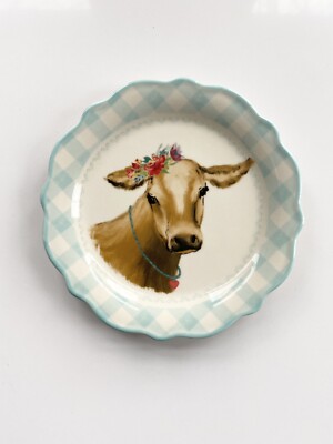 The Pioneer Woman Plate Brown Cow Gingham Light Blue, 7'' Diameter, NEW