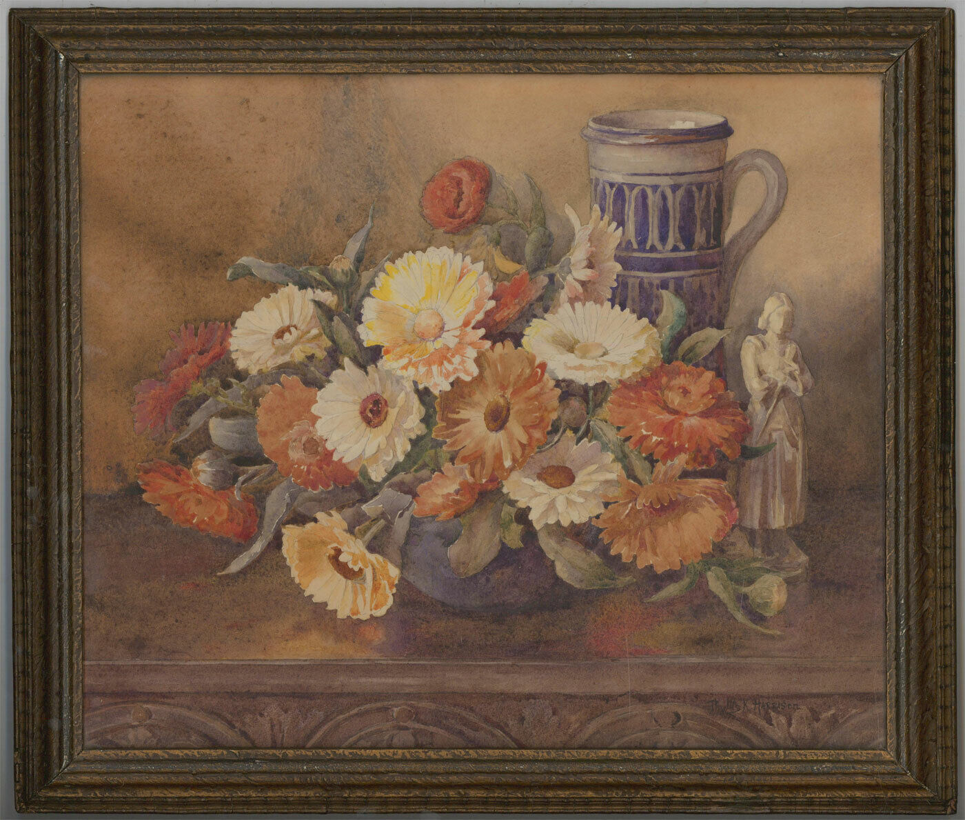 Phyllis K. Harrison (1909-2006) - Signed and Framed Watercolour, Orange Daisies Natychmiastowa dostawa wysyłkowa