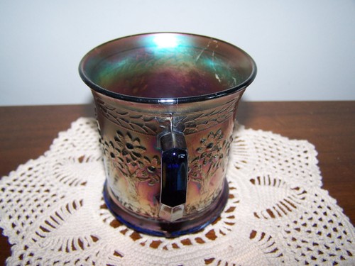 Vtg Fenton Cobalt Blue Iridescent Carnival Glass Orange Tree Mug Cup -3-14 - Picture 4 of 10