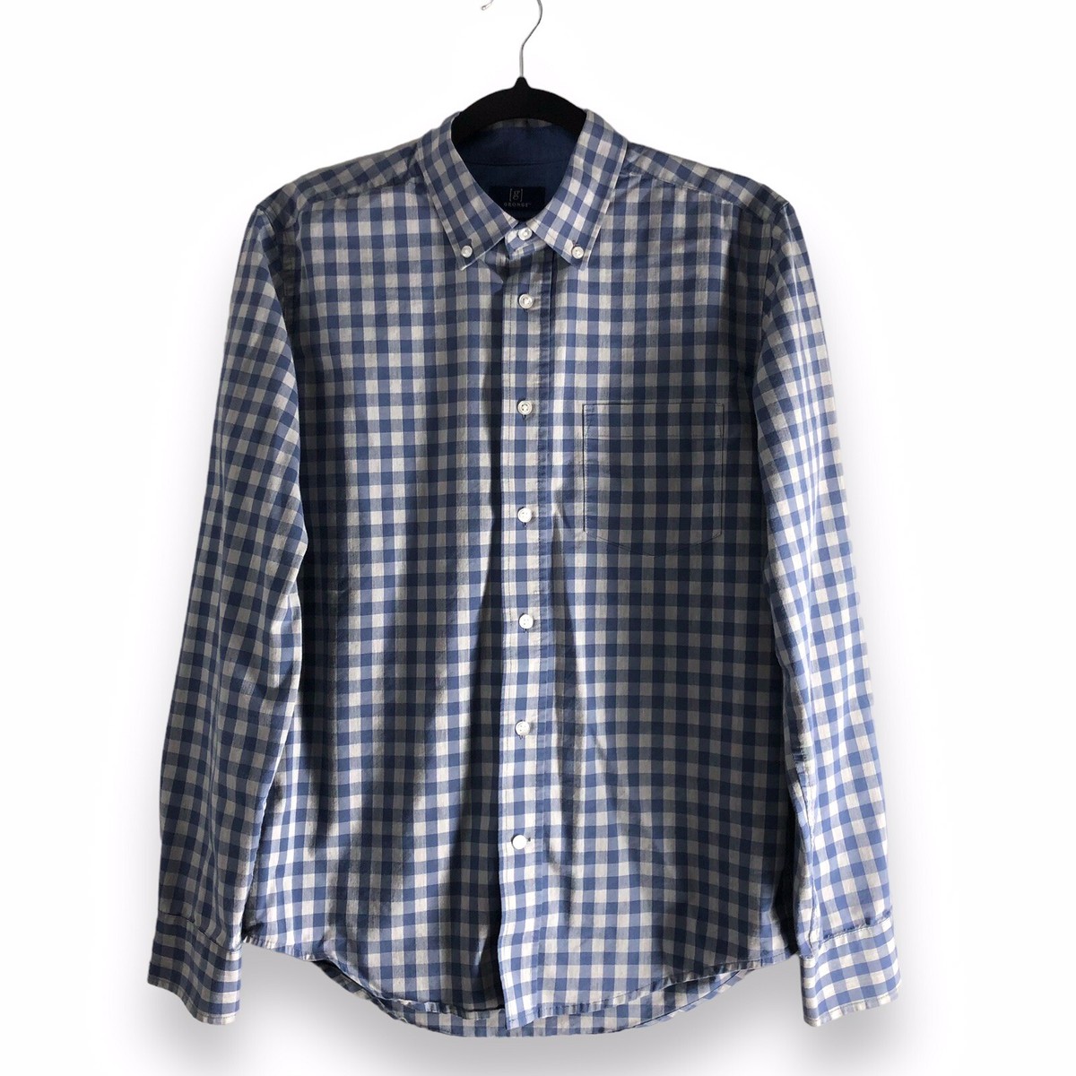 george classic fit dress shirt size chart Mens Small (34-36) Gingham Gray Blue Button Down Slim fit